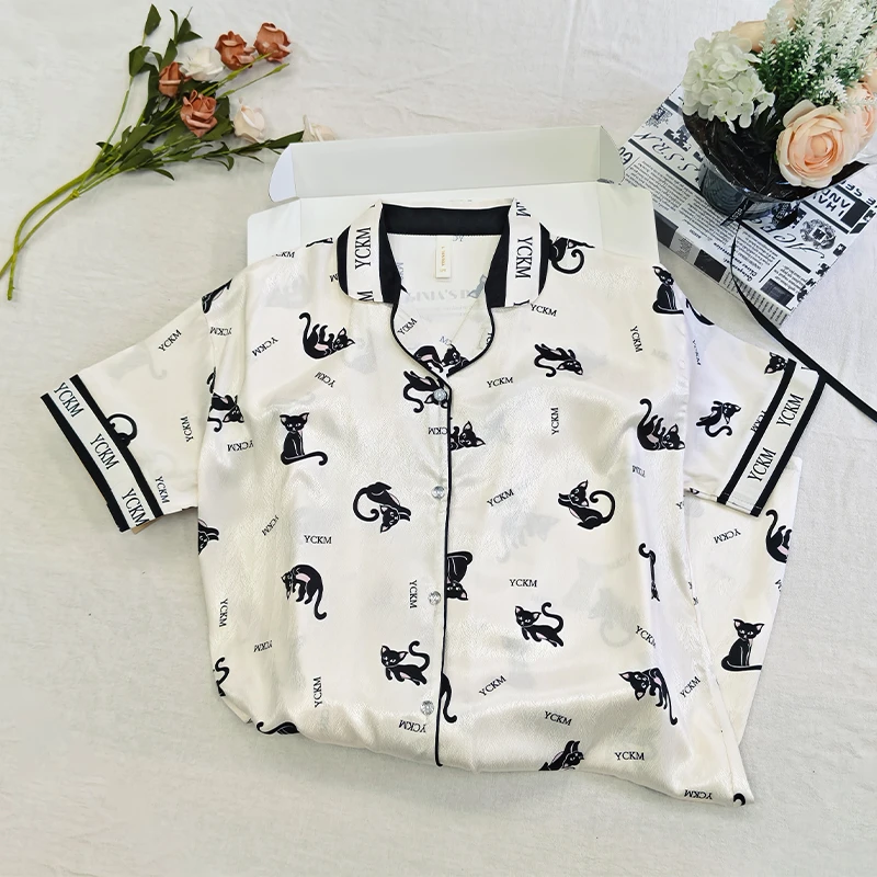 夏季新款黑色小猫常规款宽松休闲居家舒适轻奢风睡衣女睡裙家居服