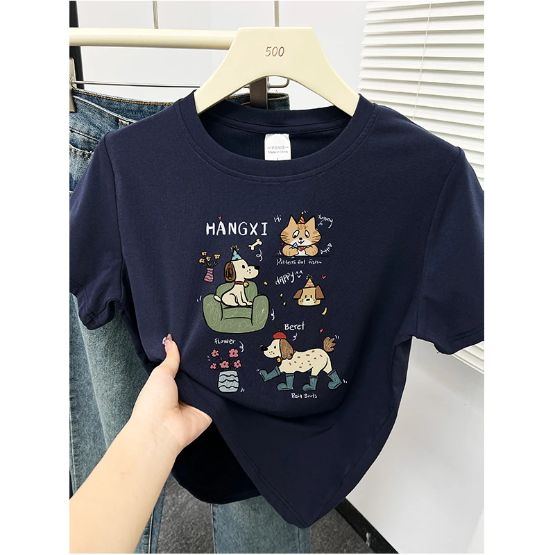 设计感趣味印花正肩短袖t恤女夏季胖mm大码显瘦遮肚子圆领上衣潮