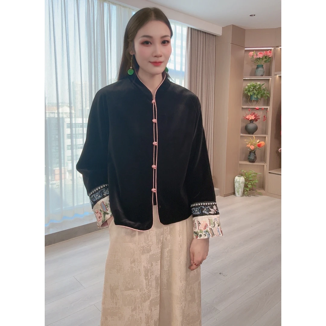 【墨莺】春季2025新款双面双穿新中式上衣女装国风立领提花丝绒外套