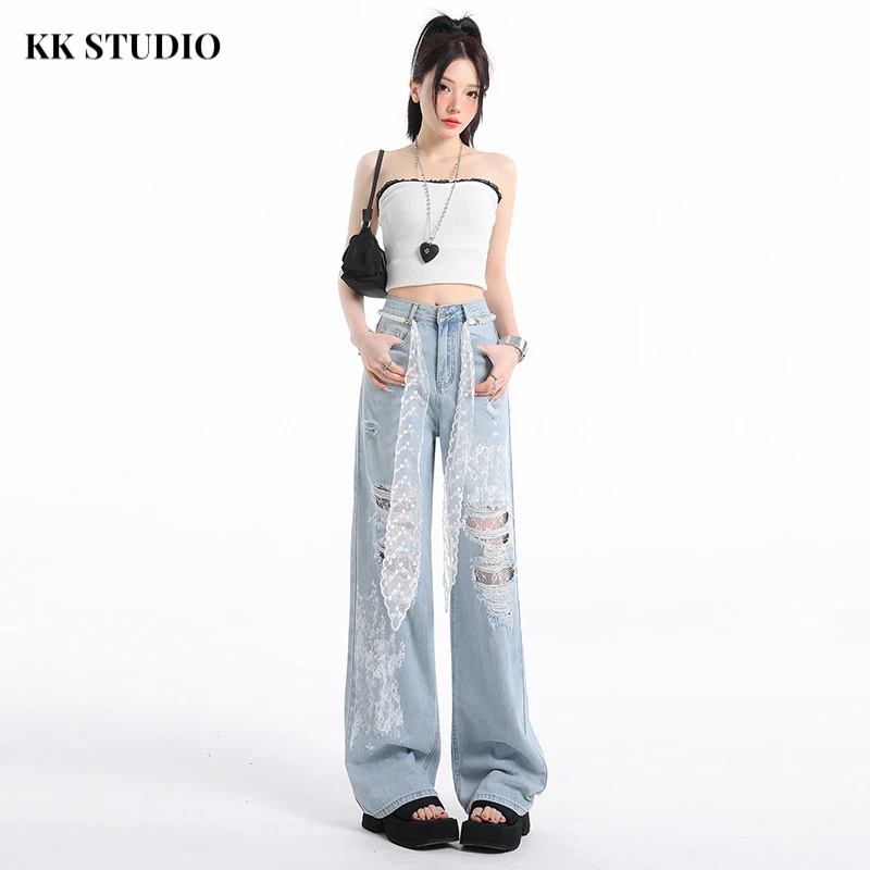 重工蕾丝破洞设计感牛仔裤女2025夏季新款高腰宽松显瘦直筒裤女-1
