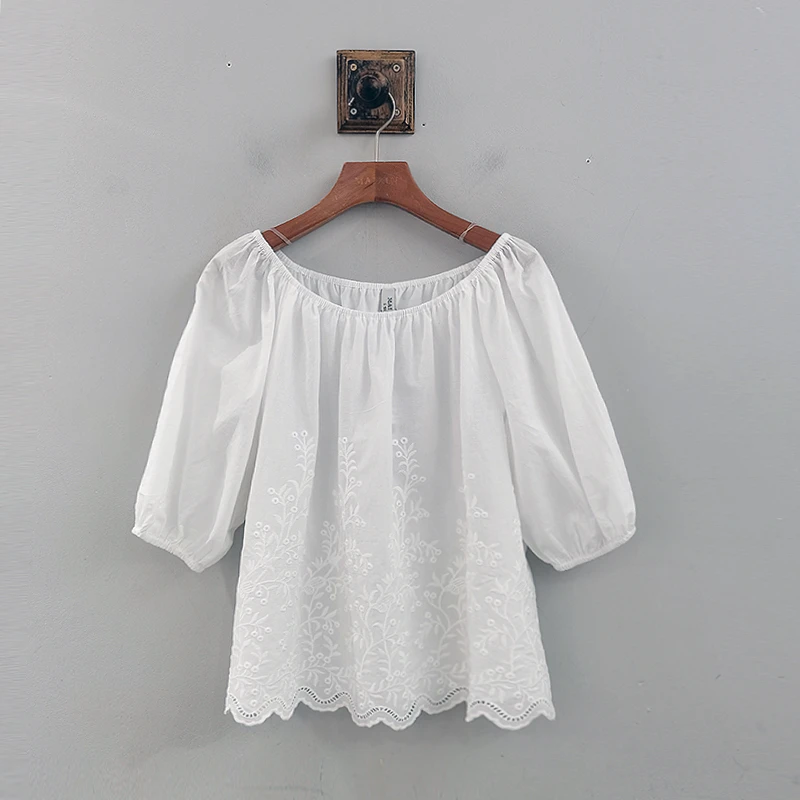 XSMES02A麦寻2025夏款时尚气质通勤百搭一字领中袖刺绣小衫上衣