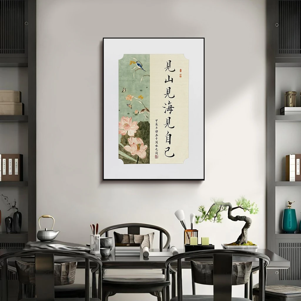 见山挂画新中式茶室背景墙装饰画禅意荷花字画玄关书房见山6080