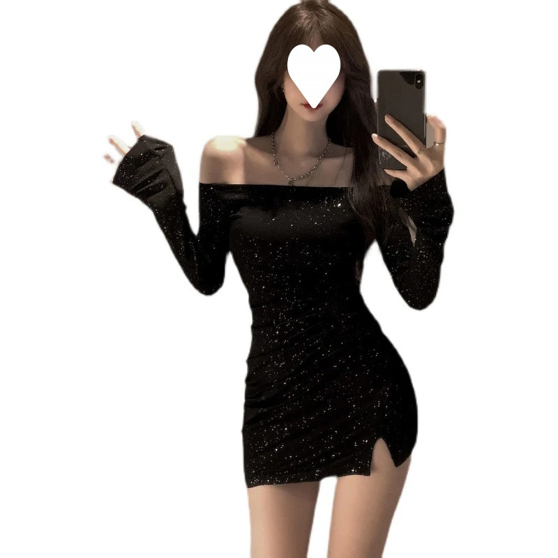 一字肩连衣裙女修身镶钻长袖不规则包臀短裙早秋2025新款黑色裙子