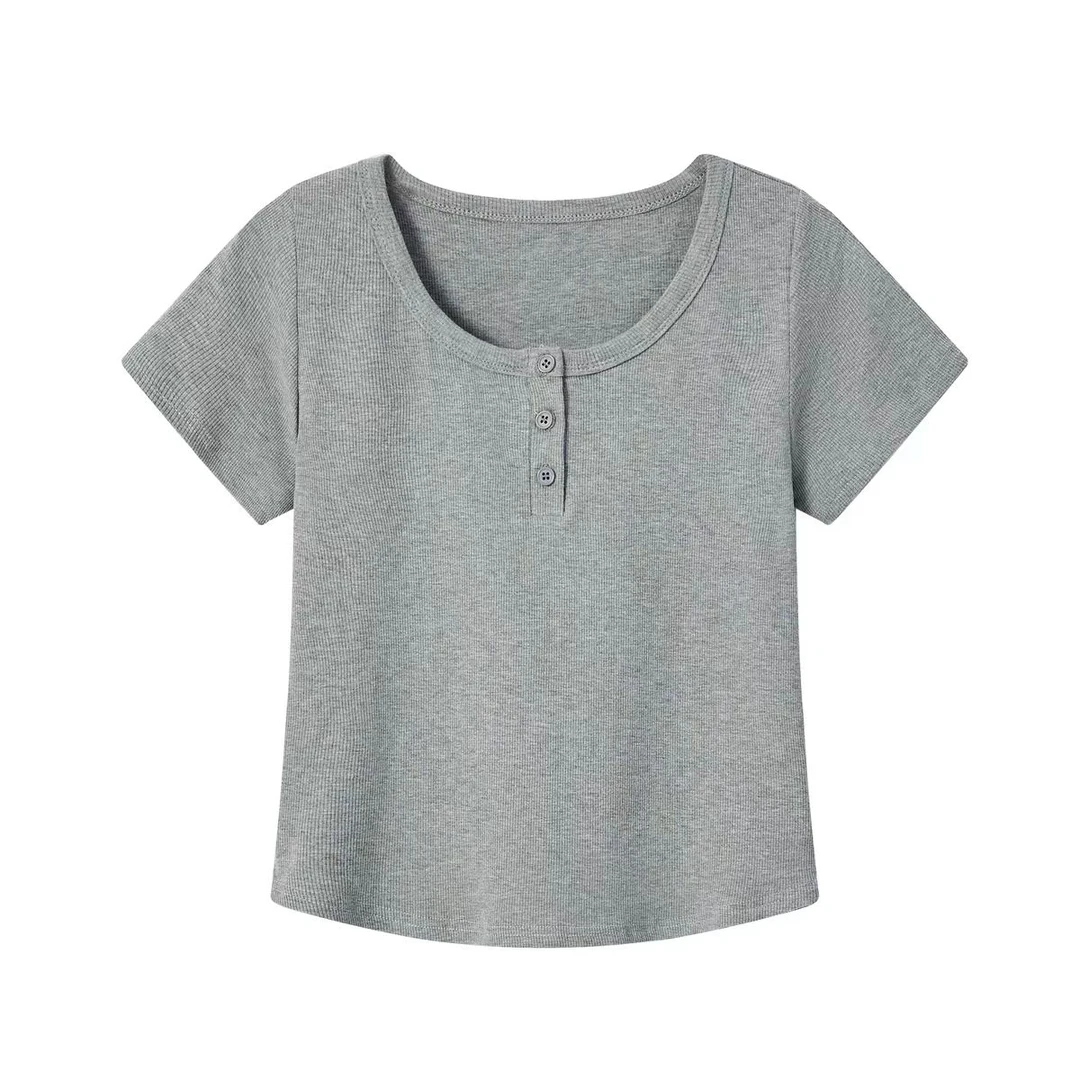 螺纹纽扣圆领短袖t恤女2025春夏季新款遮肚子内搭半袖打底上衣潮