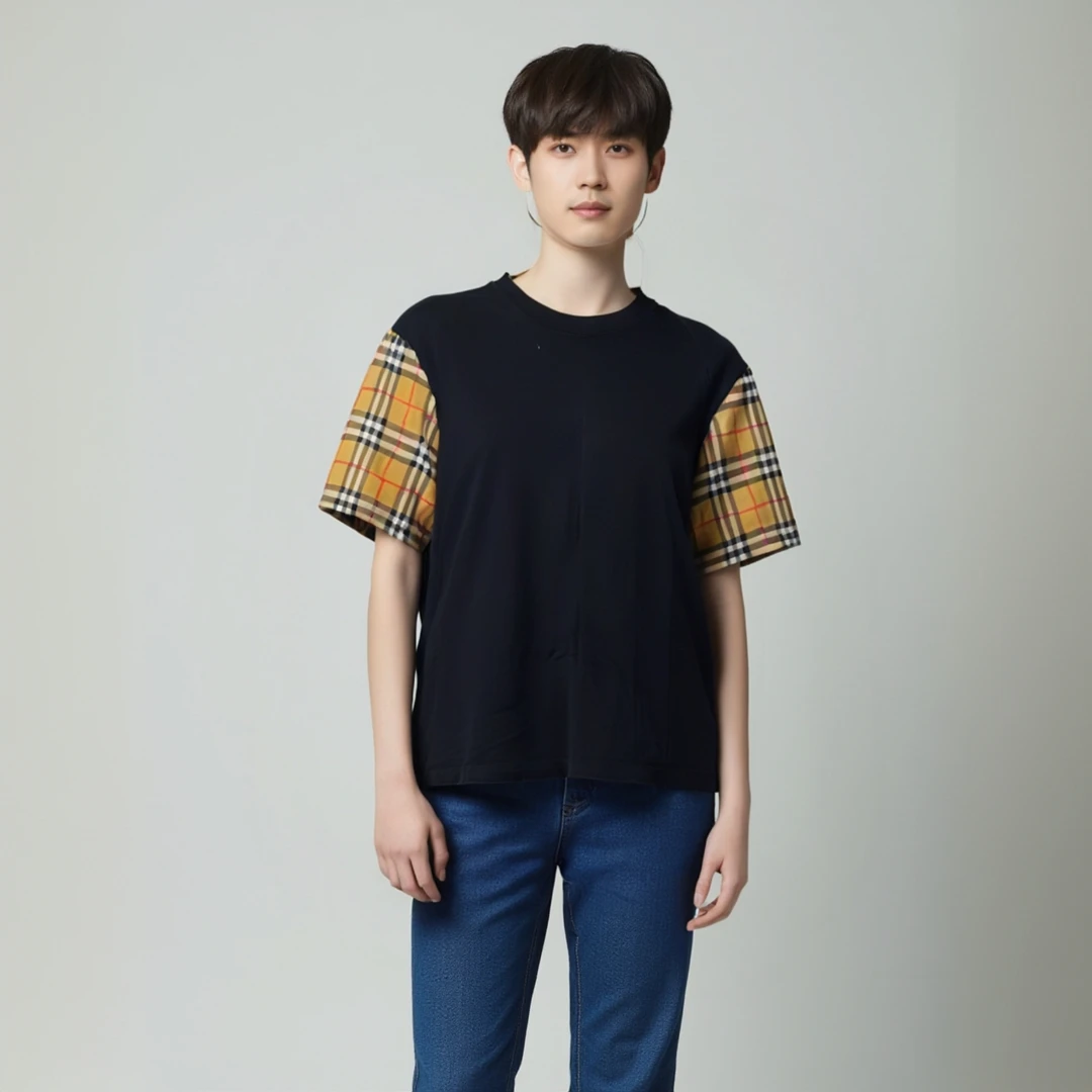 99新 BURBERRY/博柏利 12713960 格纹拼接圆领短袖 黑色 S码