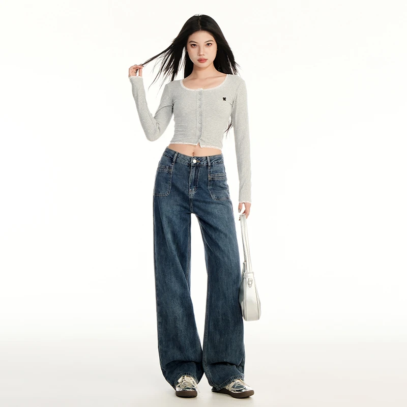 2025年春秋新款高腰宽松复古阔腿牛仔裤女显瘦小个子直筒拖地裤子