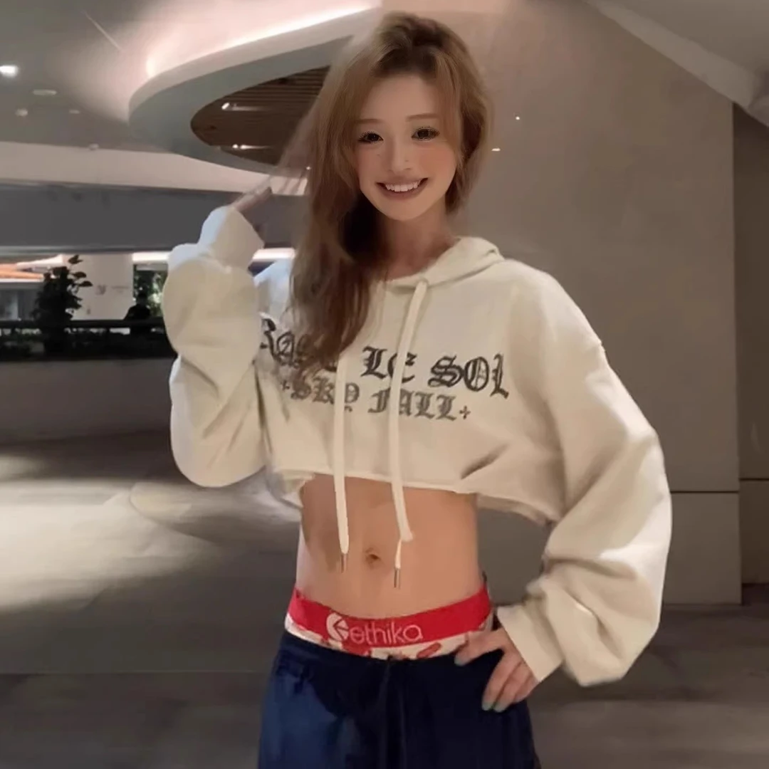 美式慵懒chic辣妹灰色连帽卫衣女秋季设计感小众高腰露脐短款上衣