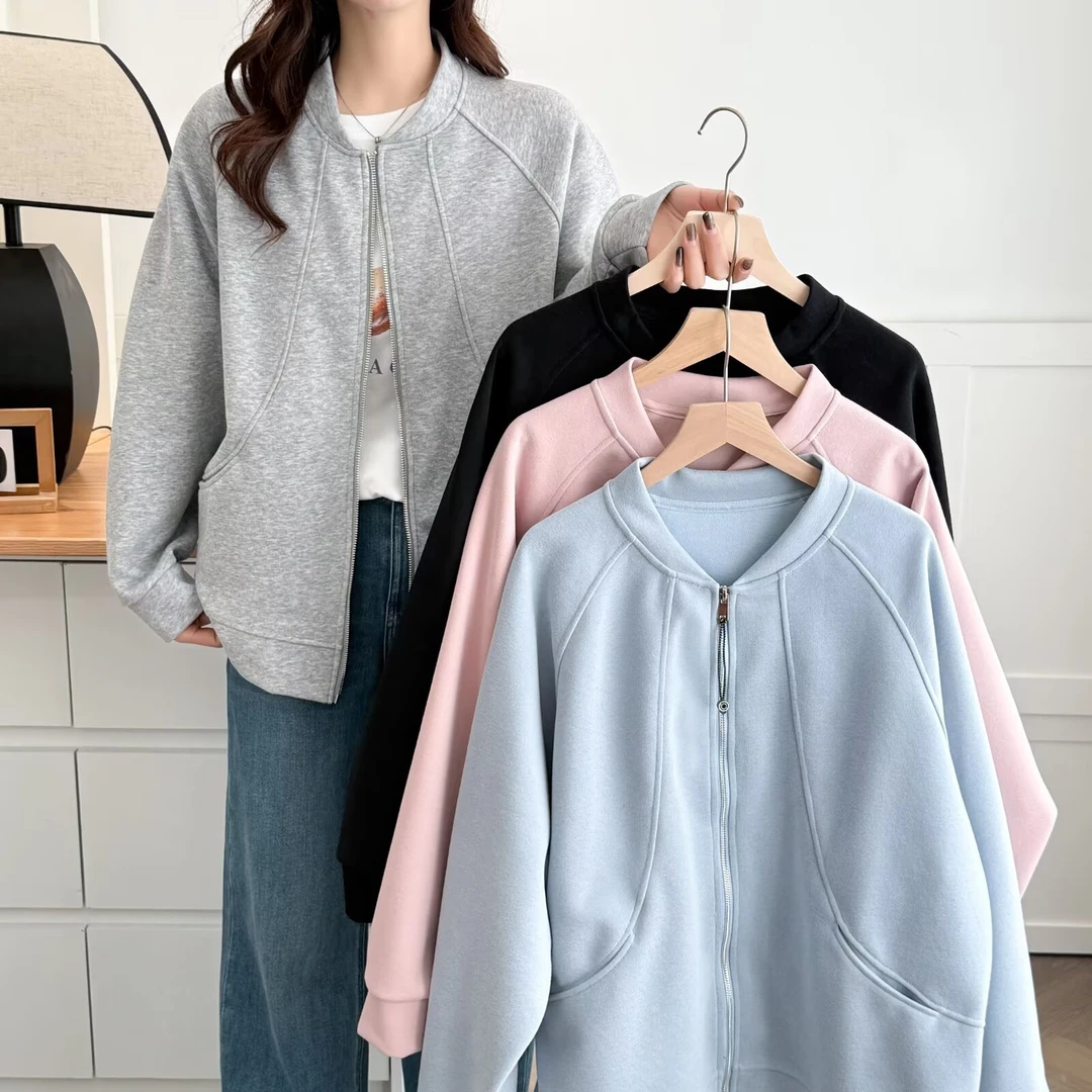 大码女装春秋简约天蓝色宽松立领拉链开衫棒球服休闲外套女长袖