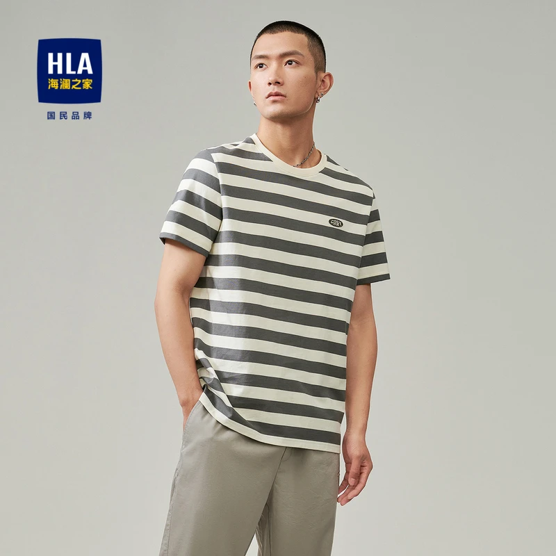 HLA/海澜之家纯棉短袖T恤透气条纹休闲短袖上衣男