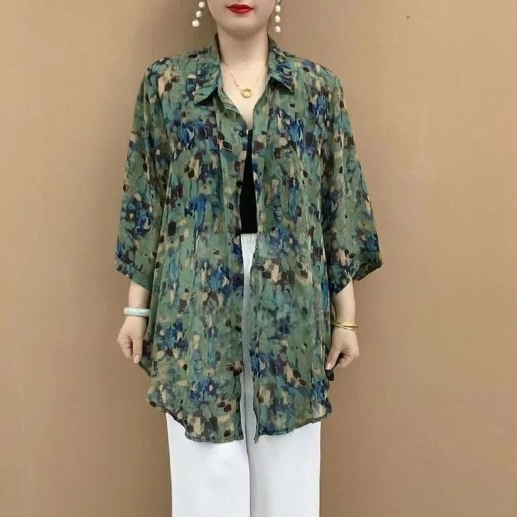 新款大码潮流时尚妈妈中老年减龄防晒开衫百搭遮肉中长款气质衬衫