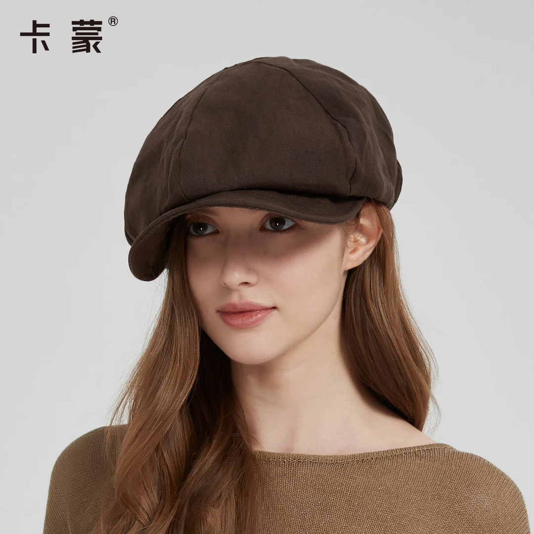卡蒙 秋季亚麻贝雷帽新款复古报童帽大头围简约时尚百搭前进帽 女