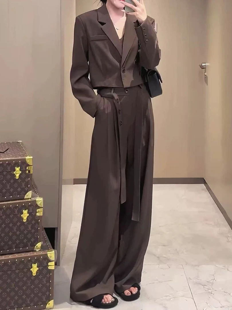 秋季气质赫本风翻领长袖短款西服外套女高腰阔腿裤套装Am25609