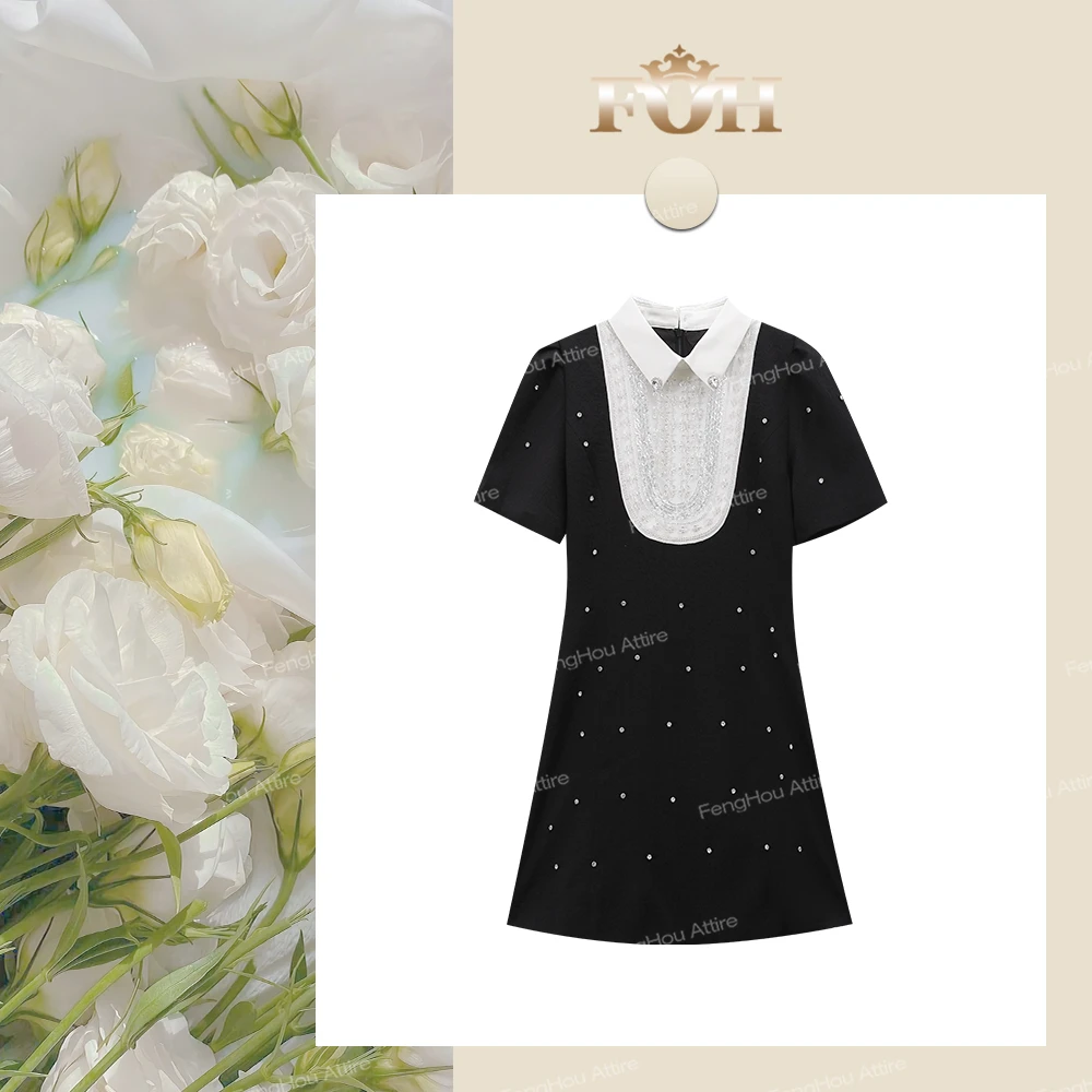【封后轻奢设计】夏季钉珠亮片翻领短袖收腰气质连衣裙5001