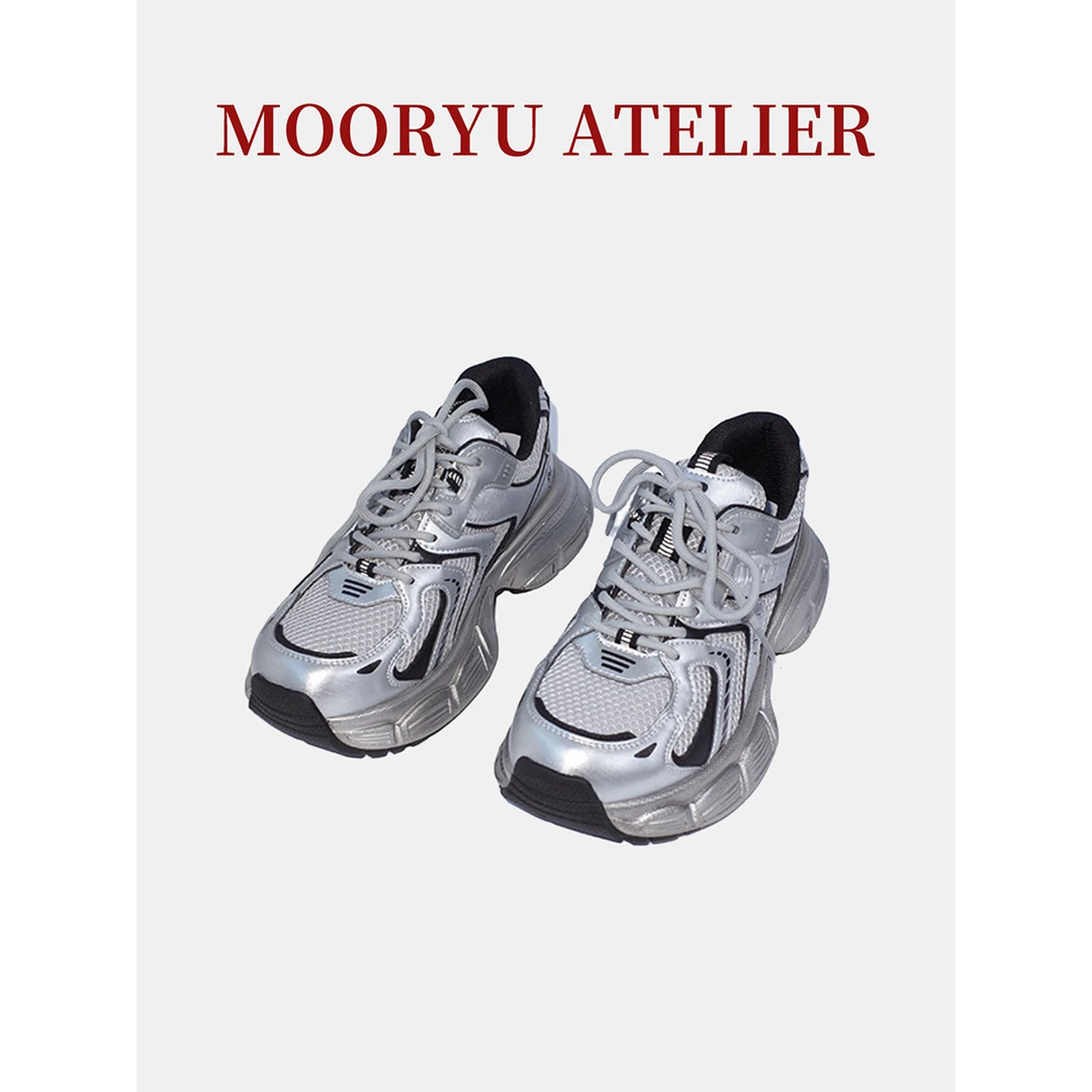 Mooreyu2024新款ins潮厚底银色老爹鞋女秋轻便运动鞋休闲跑步鞋