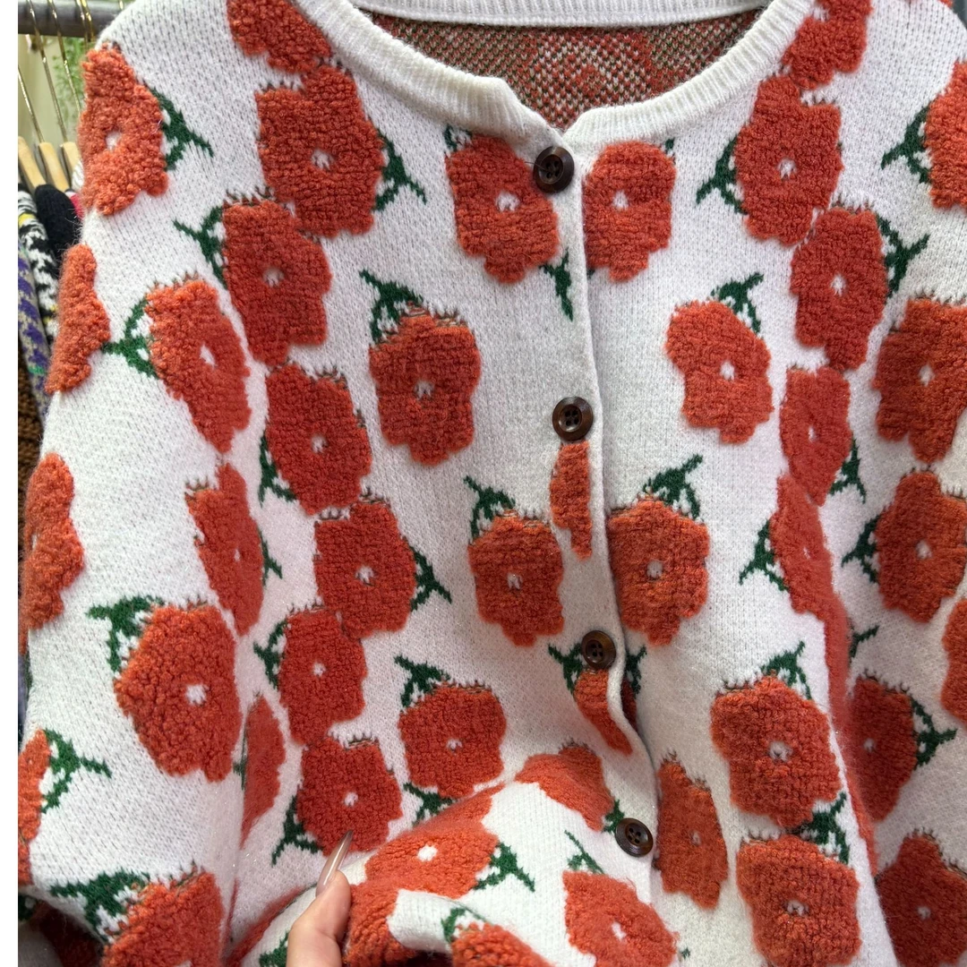 提花圆领针织开衫毛衣