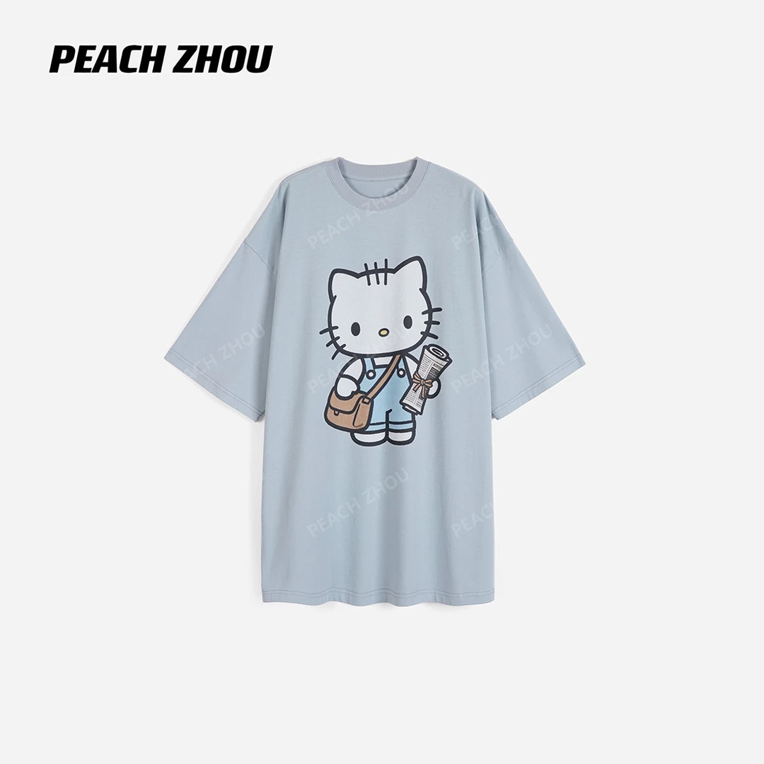 『PEACHZHOU』180g纯棉磨毛KT猫卡通印花宽松圆领短袖休闲大版T恤女