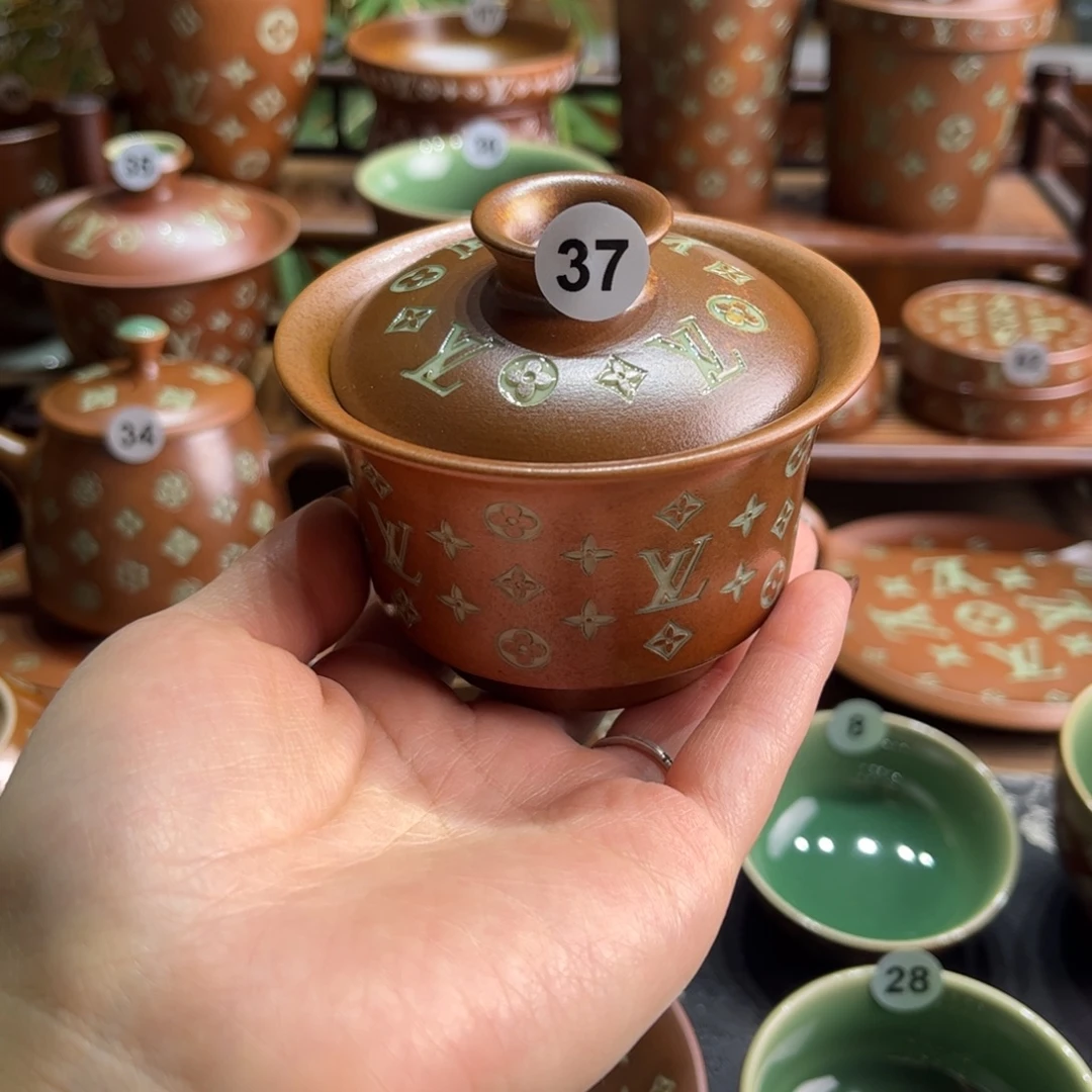 ෆ***乐草木灰老花盖碗填釉