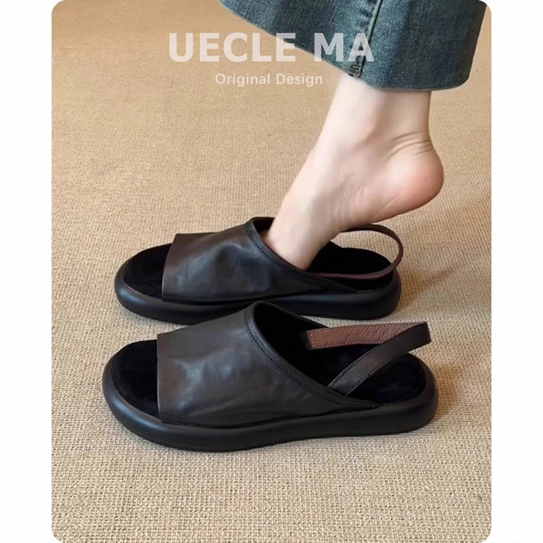 超软小羊皮~小众设计复古休闲厚底凉鞋女夏季外穿百搭软底罗马鞋