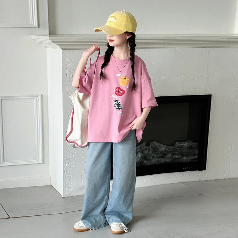 女童夏季套装2025新款儿童洋气宽松短袖牛仔长裤两件套夏装中大童