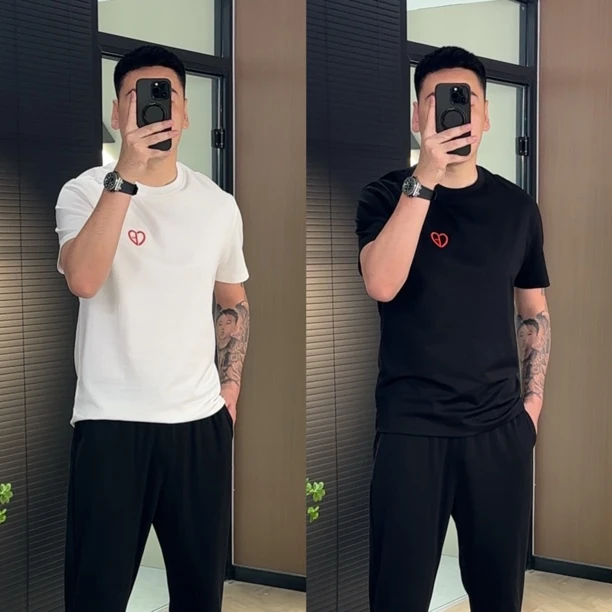 15226男士夏季时尚简约圆领微宽松桃心刺绣标百搭T恤