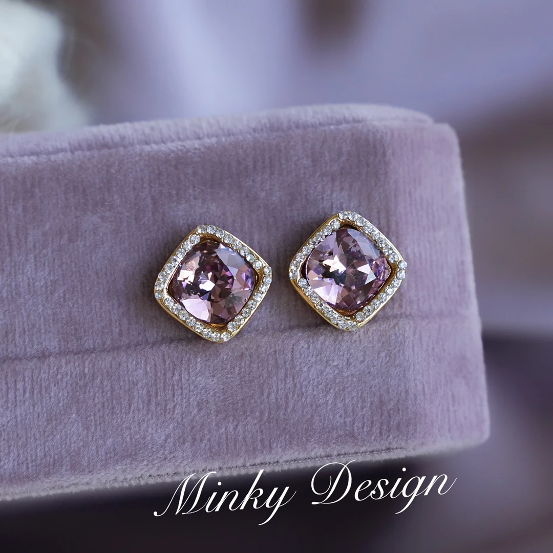 铜合金耳饰 「紫色幻想」紫色耳夹满钻方糖耳钉蚊香盘耳夹女无耳洞