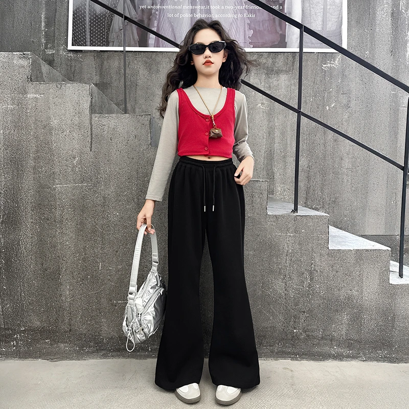 女童休闲裤2025新款初中生春秋网红炸街黑色微喇裤儿童洋气运动裤