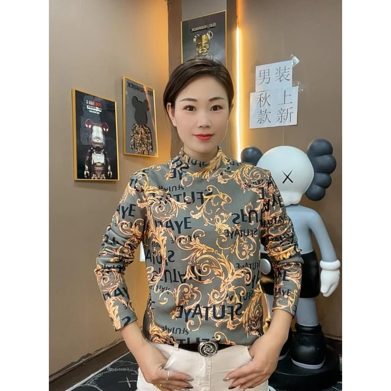 2024年秋冬男士潮流时尚百搭上衣商务休闲长袖修身圆领印花打底衫
