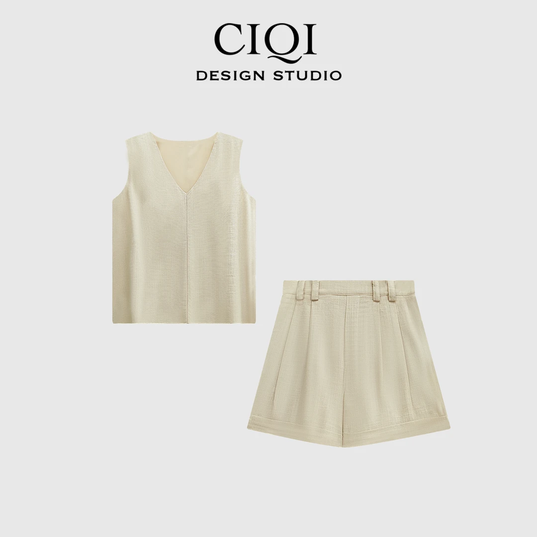 CIQI STUDIO 春夏新品简约大气对丝工艺棉麻套装YC9005