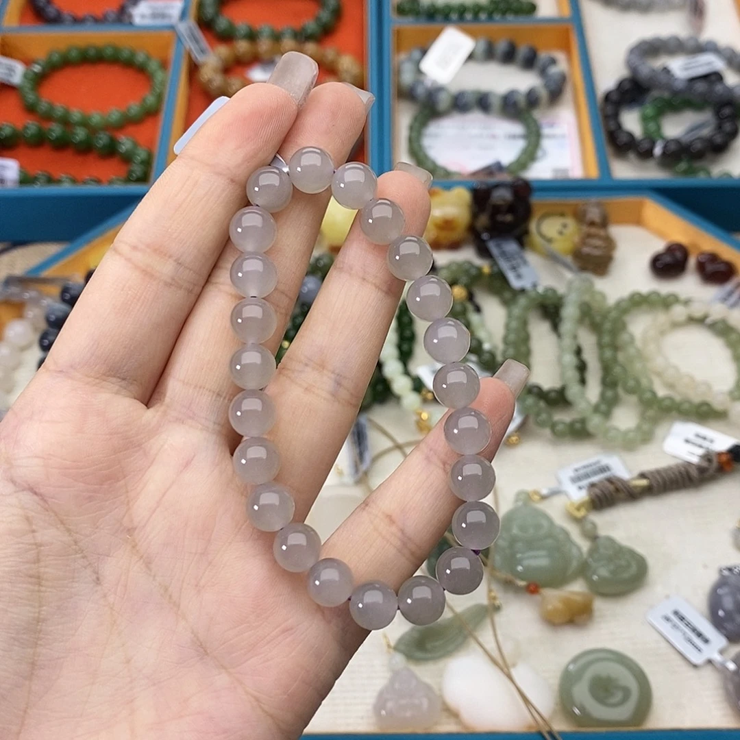 和田玉未镶嵌手链w27冰烟紫猫眼8mm