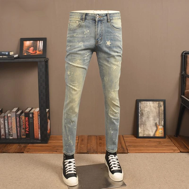 香港高档夏季爆款浅色印花牛仔裤男潮牌弹力修身小脚复古做旧水洗