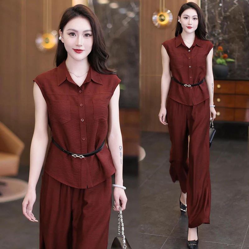 时尚衬衣套装女2025夏季新款收腰显瘦洋气减龄小个子阔腿裤两件套