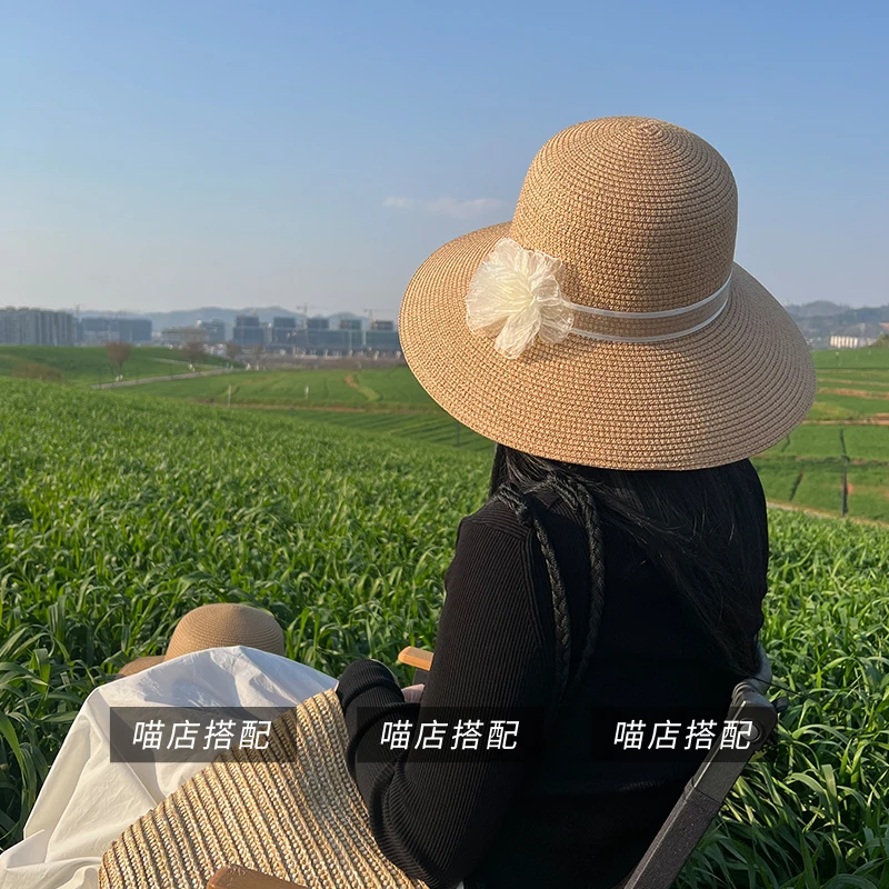 法式赫本花朵草帽夏季遮阳帽防紫外线太阳帽沙滩编织草帽气质帽