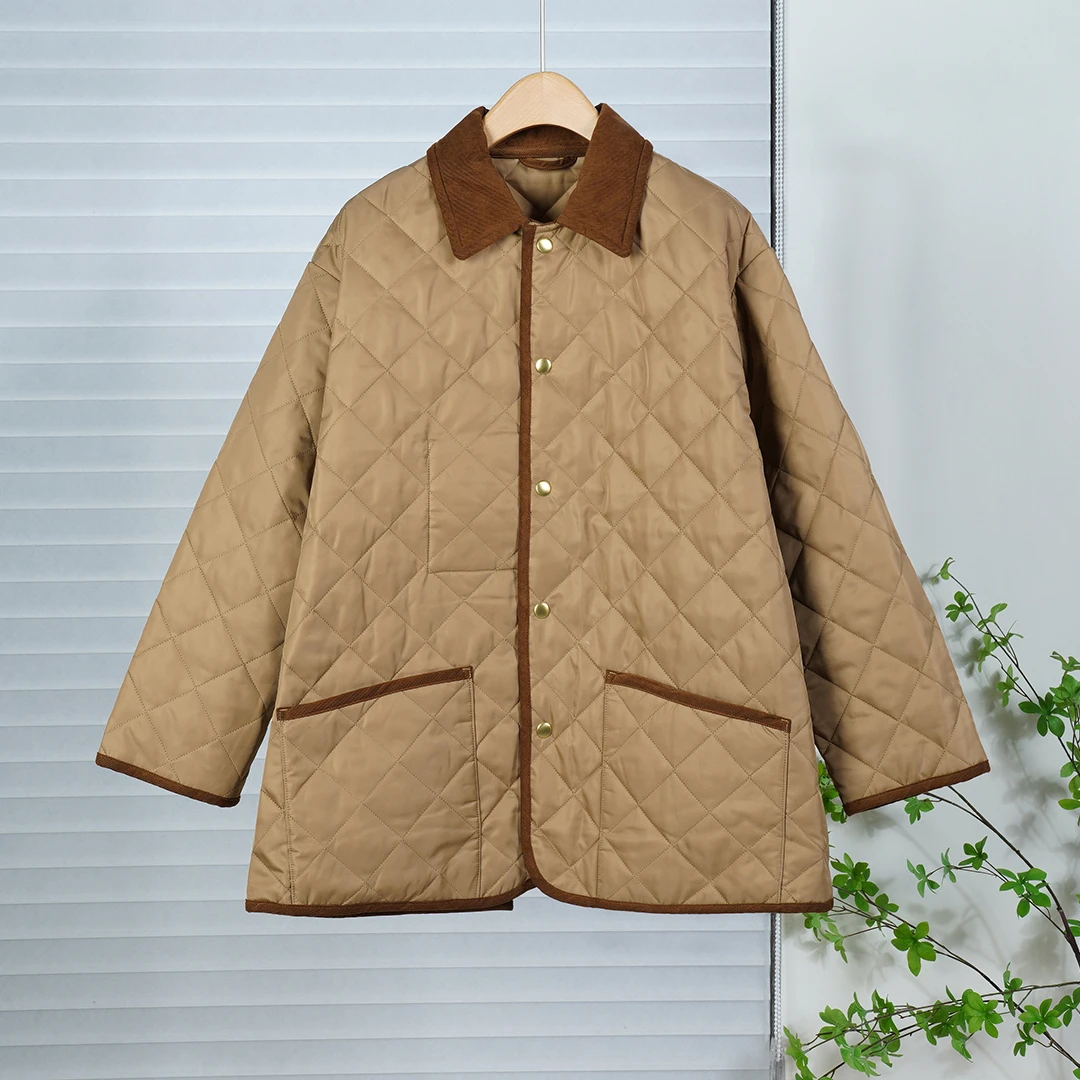 日系风尚女士宽松棉菱形格时尚外套棉衣休闲复古百搭短款文艺