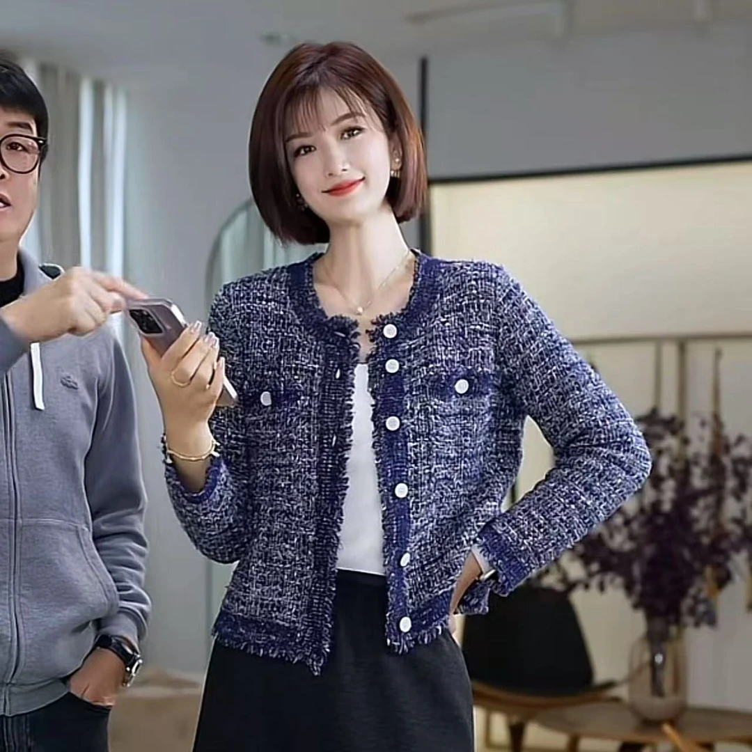 LUOBO小禾!巨美花纱小香风亚麻羊毛混纺针织开衫外套WL4982M