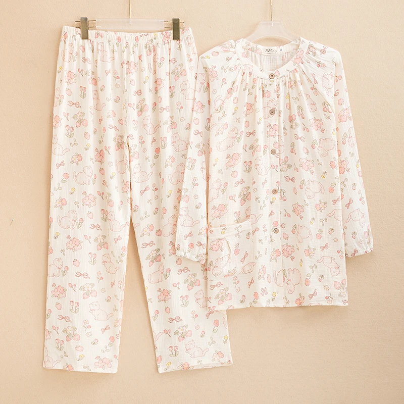 小胖【双层棉纱】春夏大码加肥宽松纯棉长袖长裤薄款女士睡衣家居服