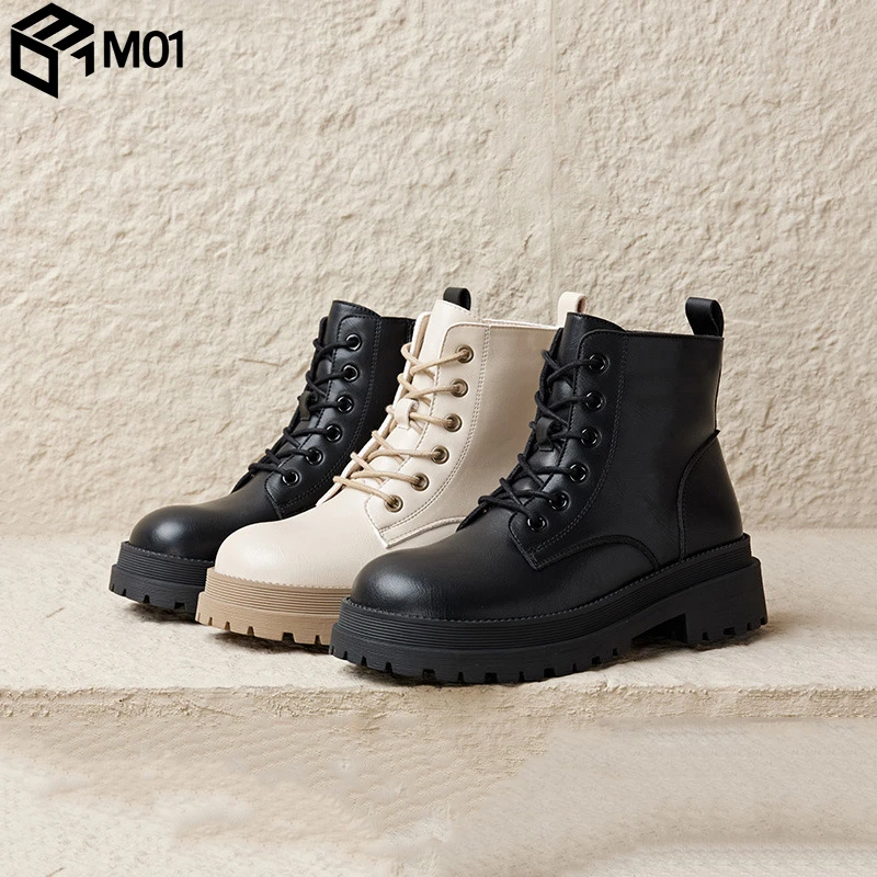 M01马丁靴女鞋2025年春秋季新款时尚休闲百搭粗跟侧拉链中跟圆头