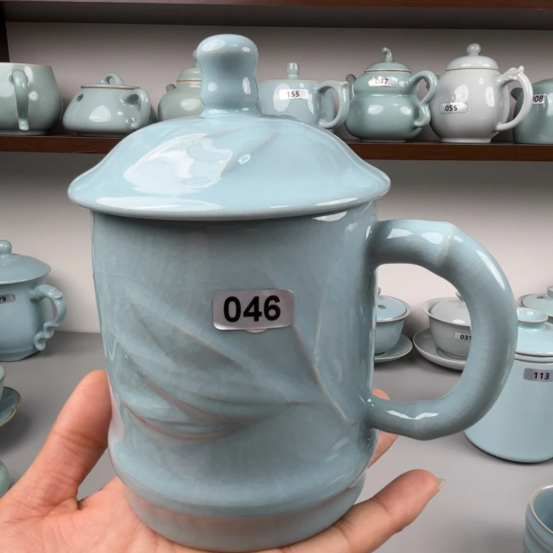 陶摆件汝瓷竹节办公杯圈足烧天青釉