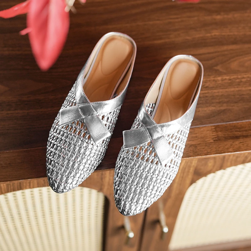 3cm/粗跟真皮蝴蝶结包头半拖鞋女时尚编织镂空法式软底软面拖鞋女