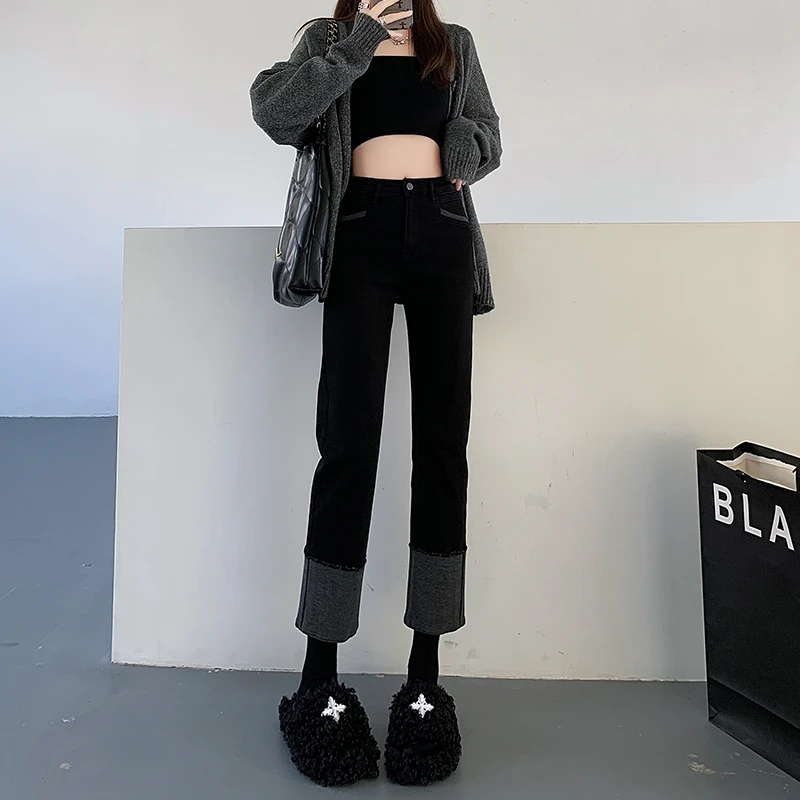 黑色九分直筒牛仔裤女秋季2025新款高腰秋装爆款小个子卷边烟管裤