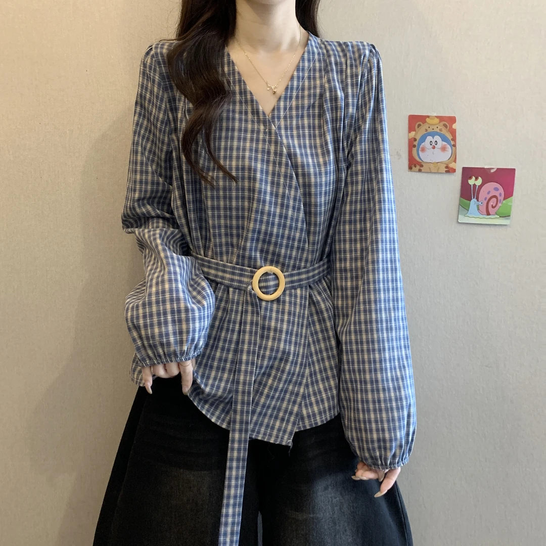 大码女装遮肚子韩版V领格子长袖衬衫女春秋胖mm收腰显瘦洋气上衣