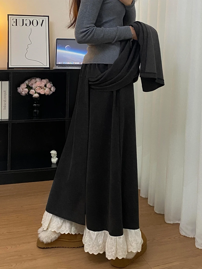 深灰色蕾丝花边毛呢裙裤女秋冬新款胖mm遮胯显瘦韩系阔腿休闲裤子