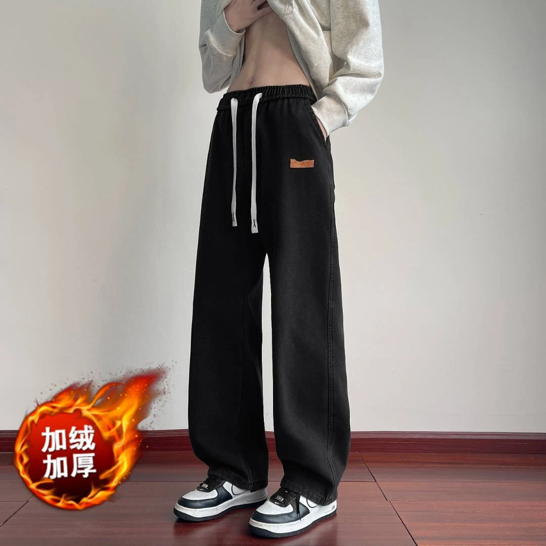 2025秋冬新款软牛仔松紧腰头抽绳款宽松直筒百搭休闲男裤大码男裤