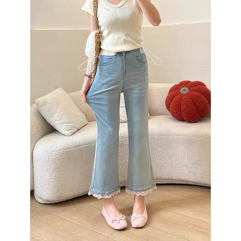 孕妇裤夏款薄款侧边抽绳显瘦弹力蕾丝边喇叭九分莱赛尔天丝牛仔裤