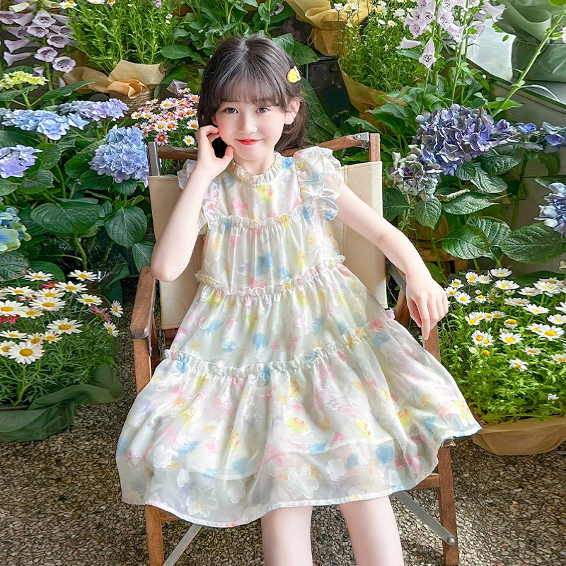 女童连衣裙2025新款夏季海边沙滩公主裙儿童夏装飞袖碎花背心裙子