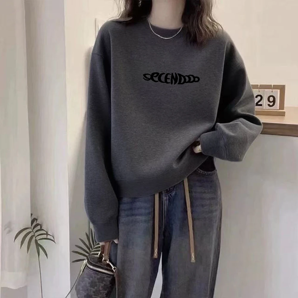 美式圆领短款卫衣女无帽百搭显瘦棉质宽松秋冬常规深灰色女士女式