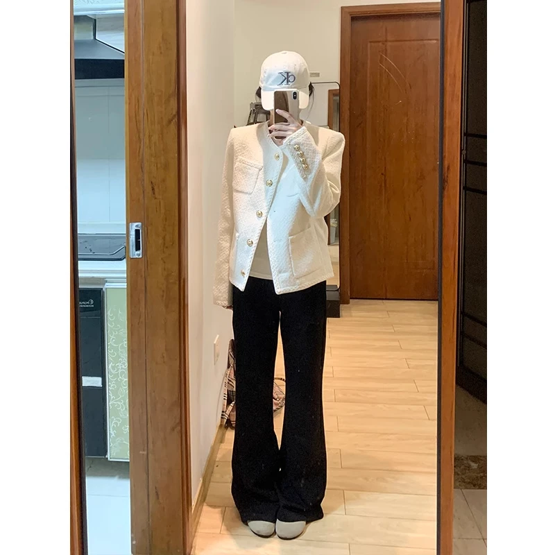 白色小香风粗花呢外套女2025秋季新款高级感高腰名媛休闲千金上衣