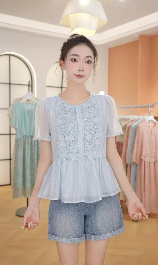 X2876法式设计感拼接短袖衬衫2025夏季新款甜美减龄百搭显瘦上衣