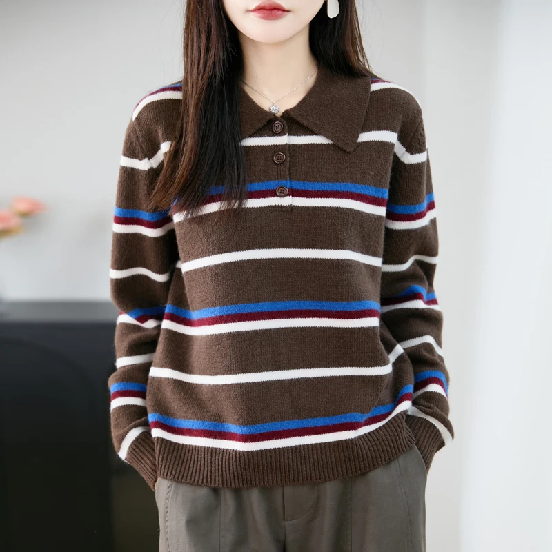 品牌时尚女装秋冬新款韩版宽polo领条纹针织衫慵懒风宽松毛衣女