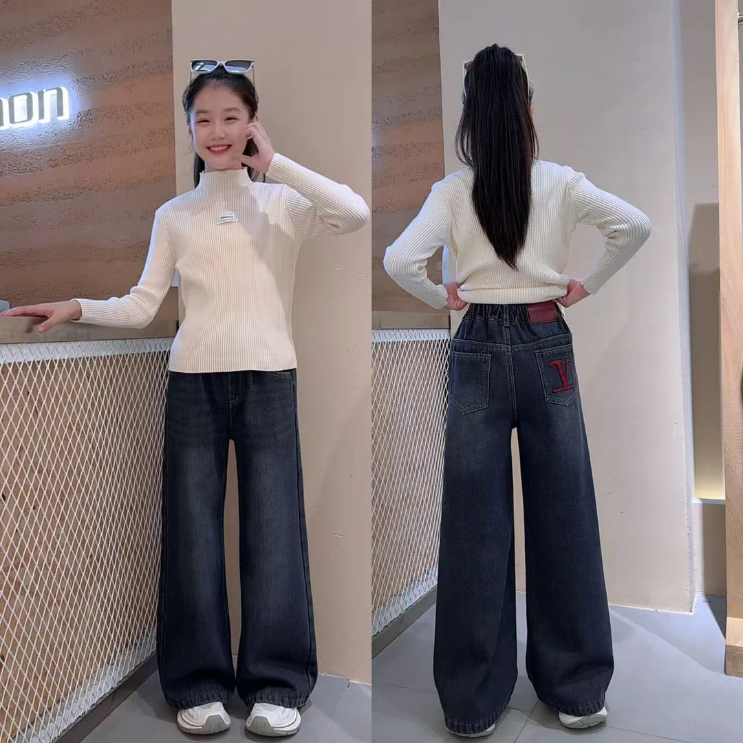 女童加绒裤子套装儿童百搭针织长袖秋冬毛衣休闲加绒牛仔裤套装