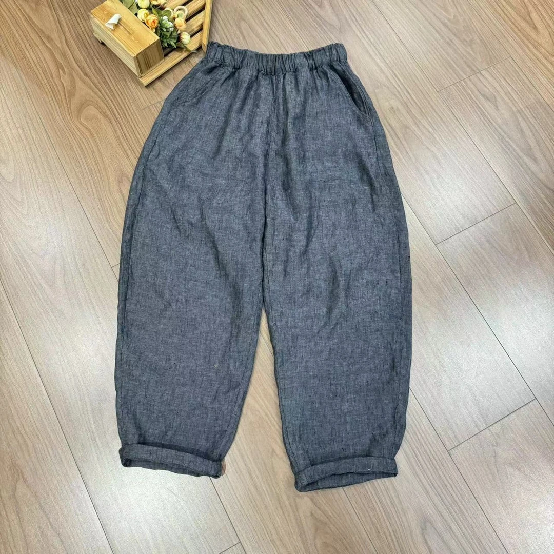米姗极简风休闲弯刀款麻裤纯色